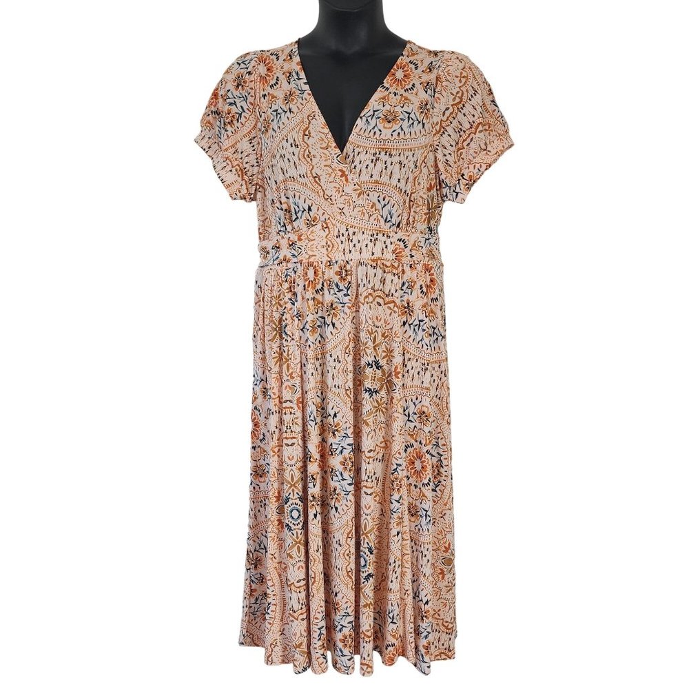 Torrid Women Size 1 / 1X  Faux Wrap Dress Pockets Orange Blue Floral Print